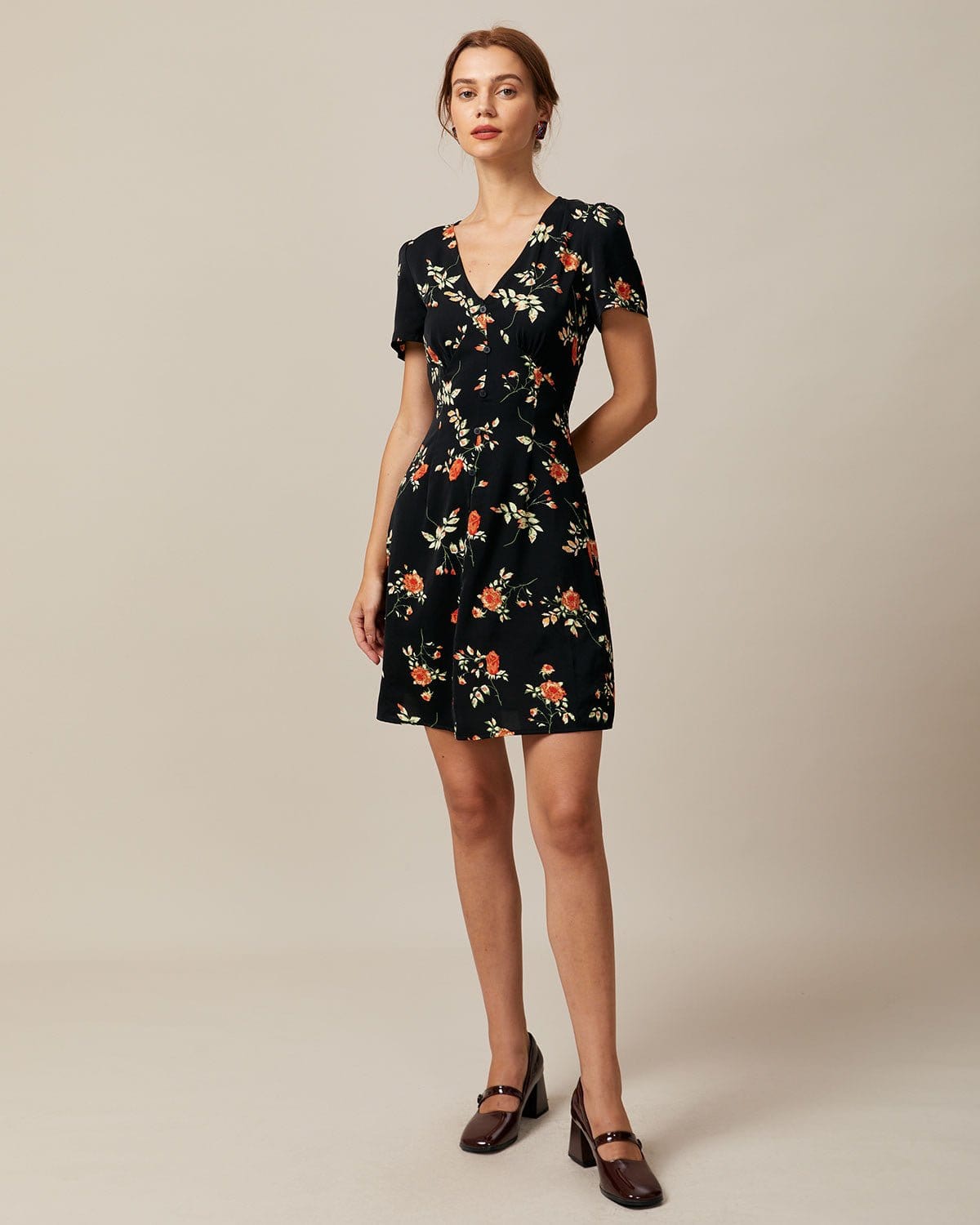 Anamartinezmadrid Minivestido Negro Floral con Escote en V y Botones – photo 4