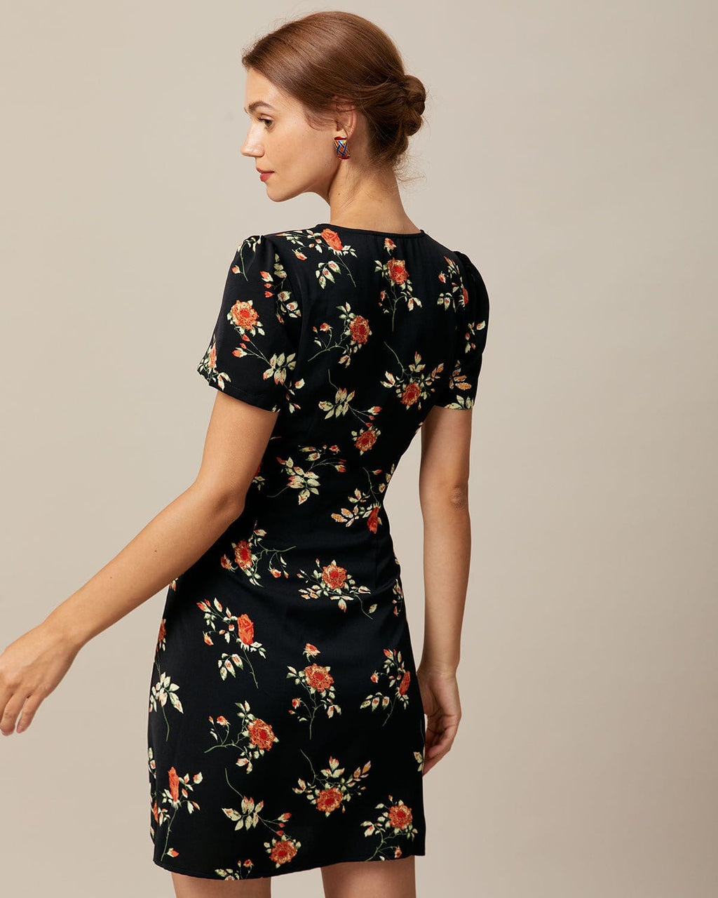 Anamartinezmadrid Minivestido Negro Floral con Escote en V y Botones – photo 3