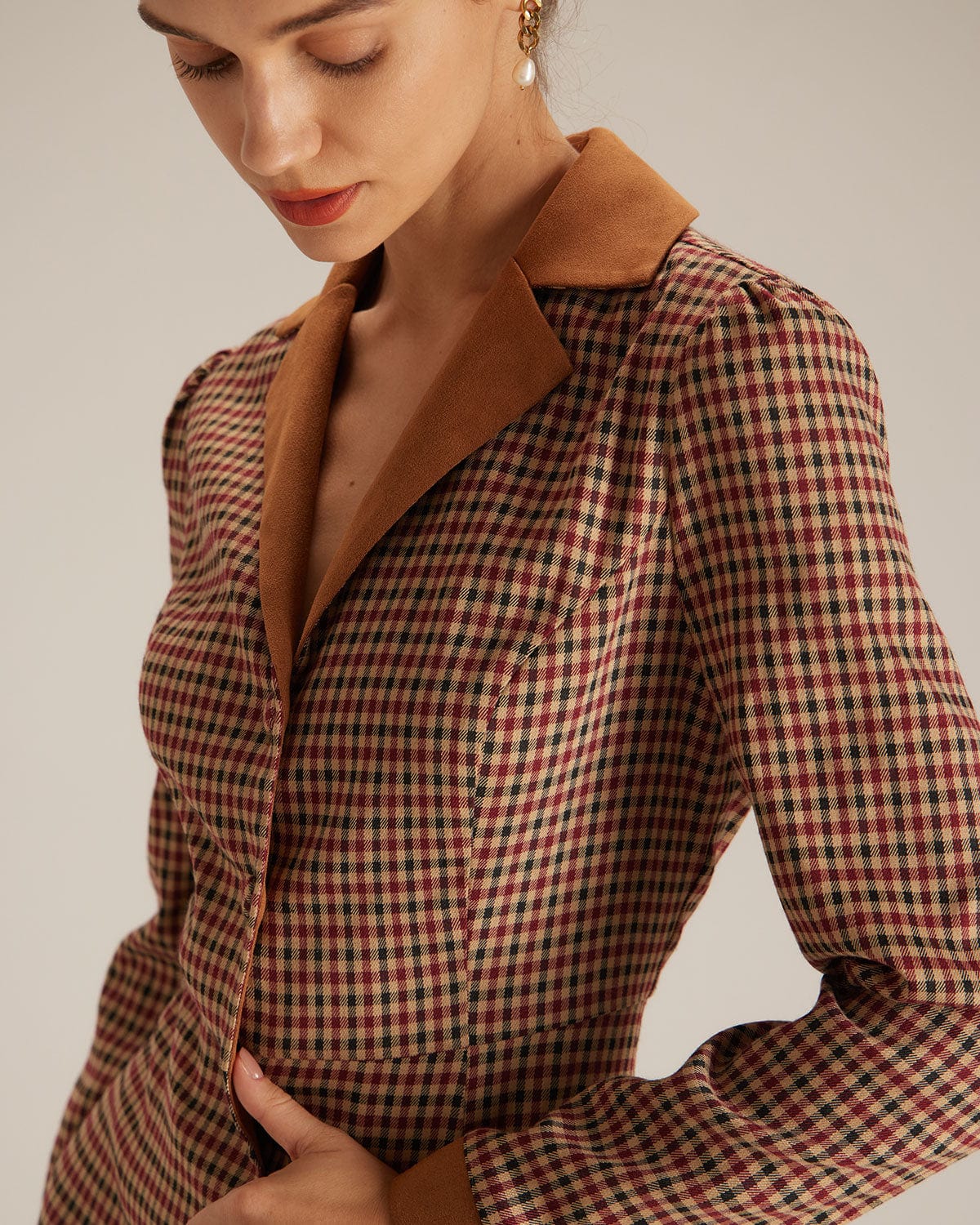 Anamartinezmadrid Minivestido Marrón de Cuadros con Combinación de Ante – photo 2