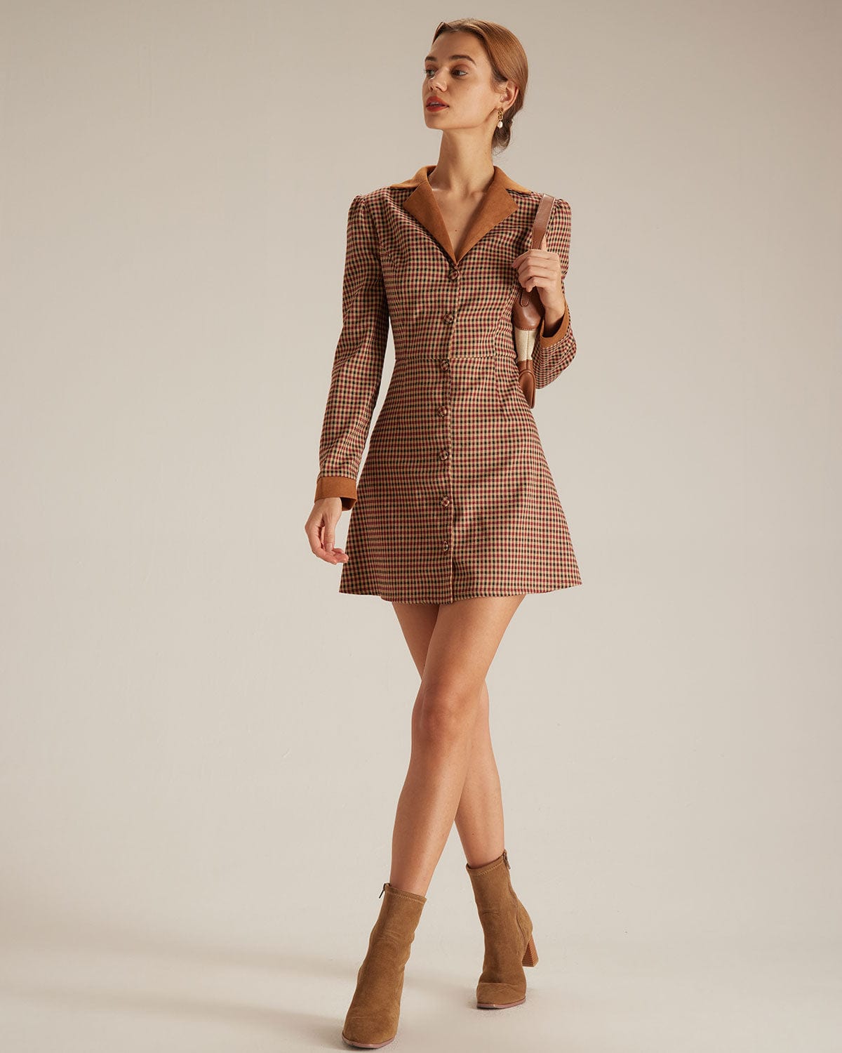 Anamartinezmadrid Minivestido Marrón de Cuadros con Combinación de Ante – photo 5