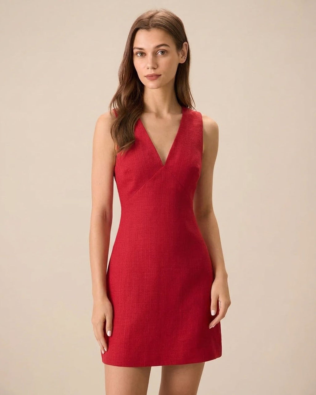 Martina | Minivestido Rojo Sin Mangas de Lino con Escote en V - Carmen Teruel