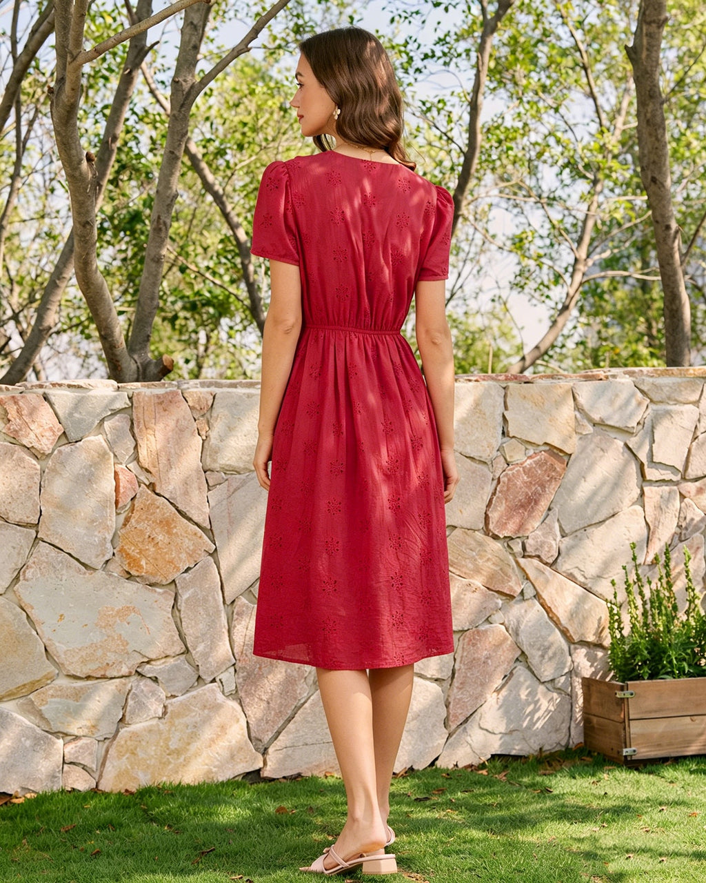 Anamartinezmadrid Irene | Vestido Midi de Algodón Rojo Mujer Escote V Bordado – photo 6