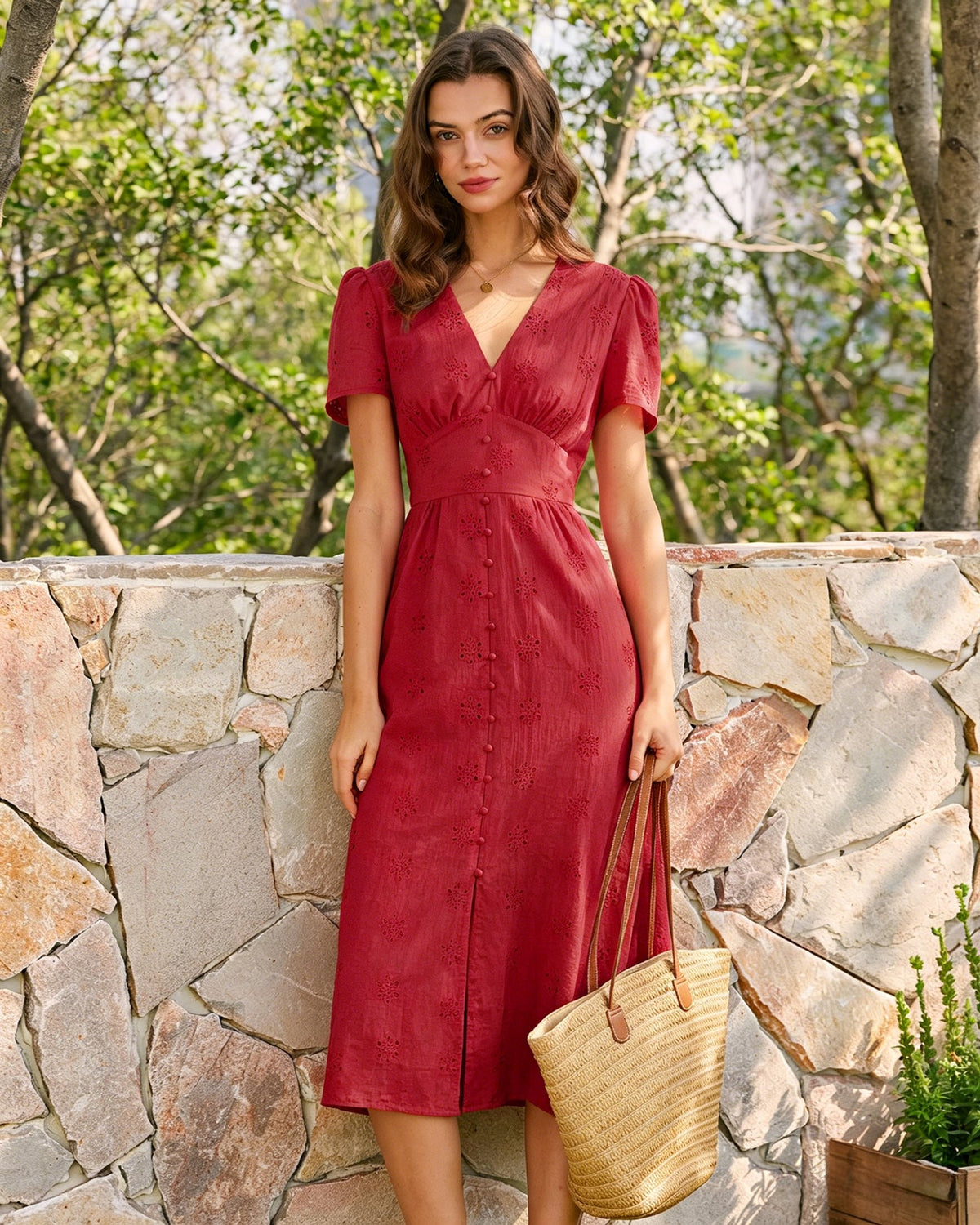 Anamartinezmadrid Irene | Vestido Midi de Algodón Rojo Mujer Escote V Bordado – Rojo