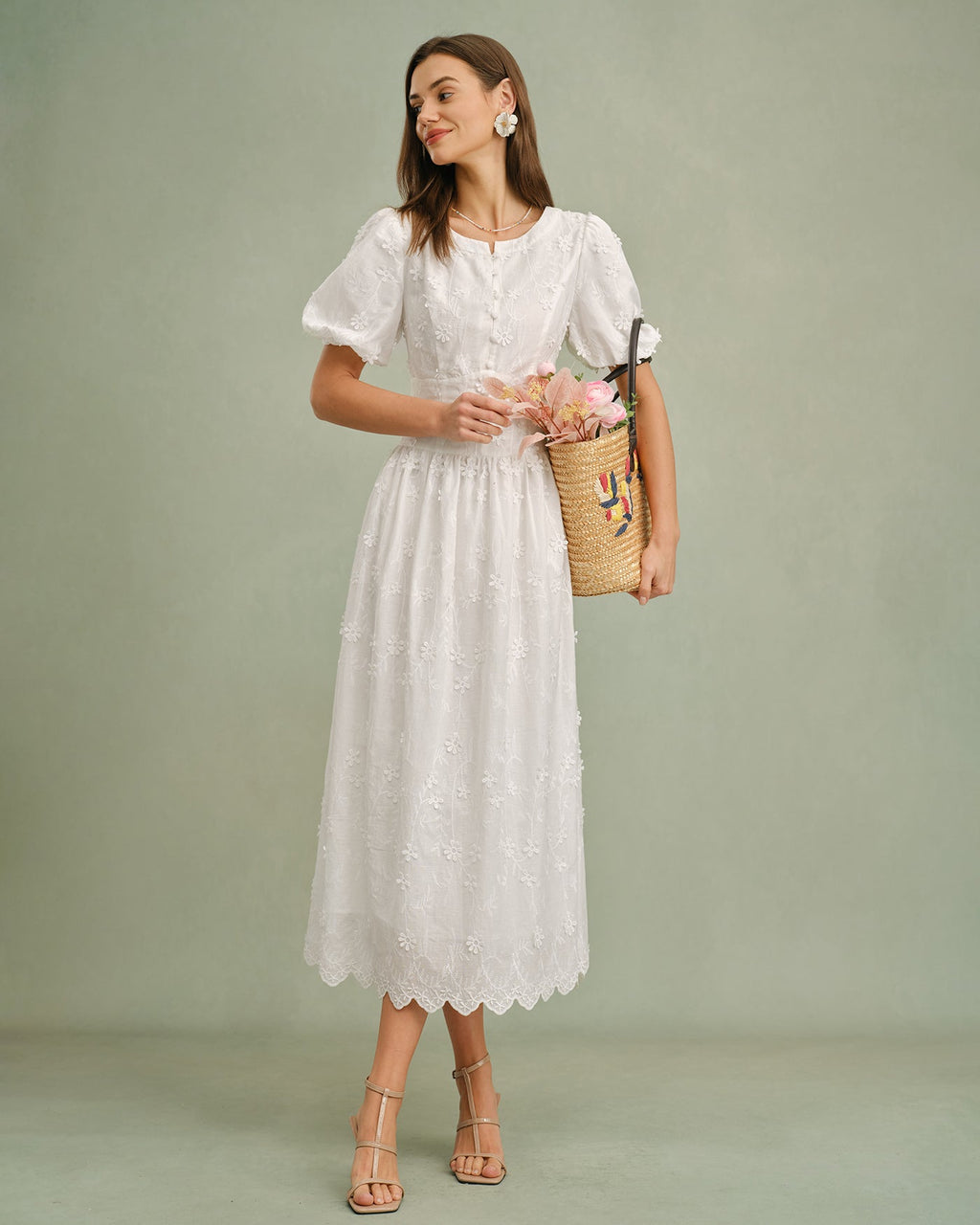 Anamartinezmadrid Blanca | Vestido Midi de Algodón Blanco Mujer Cuello Redondo Bordado – photo 5