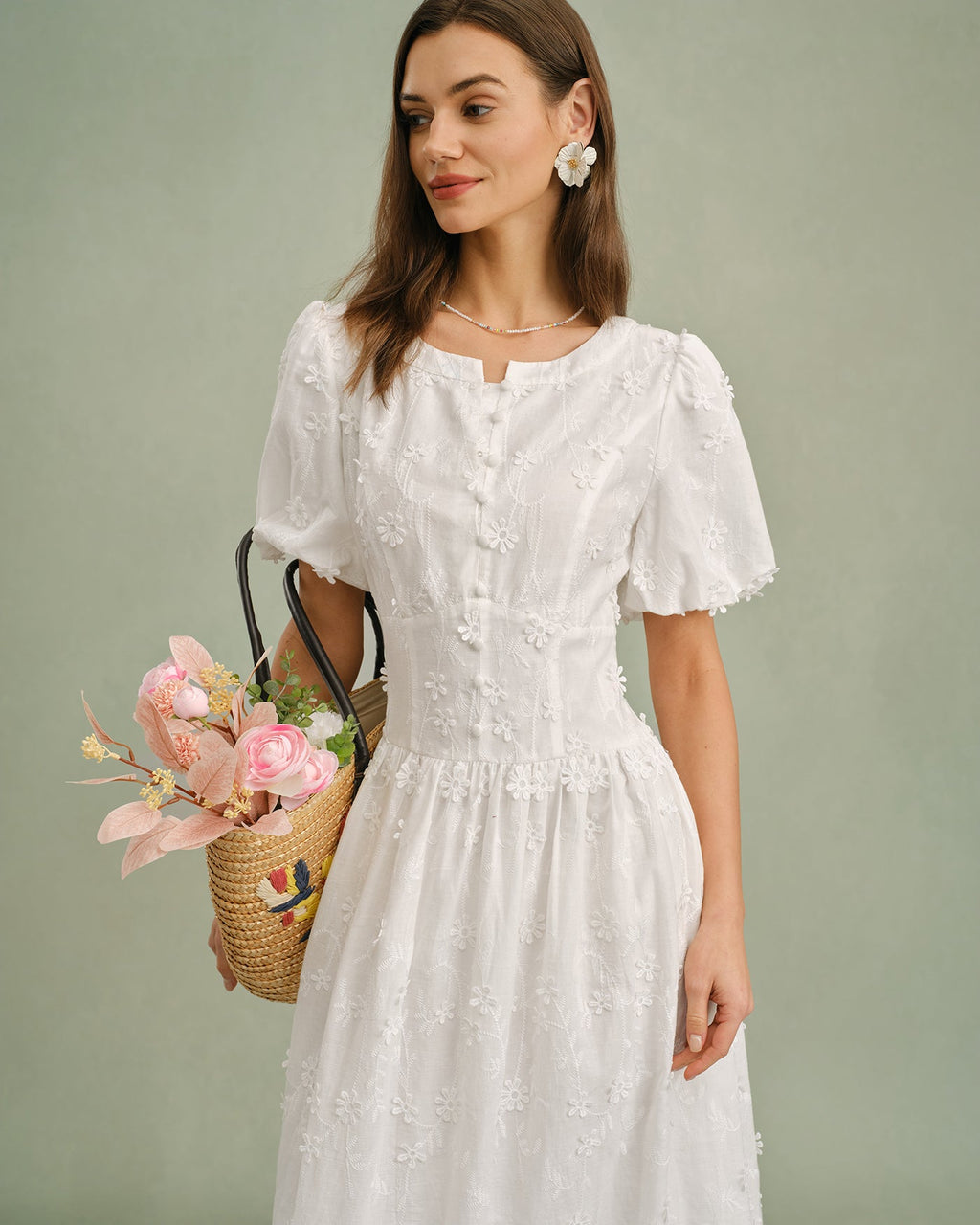Anamartinezmadrid Blanca | Vestido Midi de Algodón Blanco Mujer Cuello Redondo Bordado – photo 2