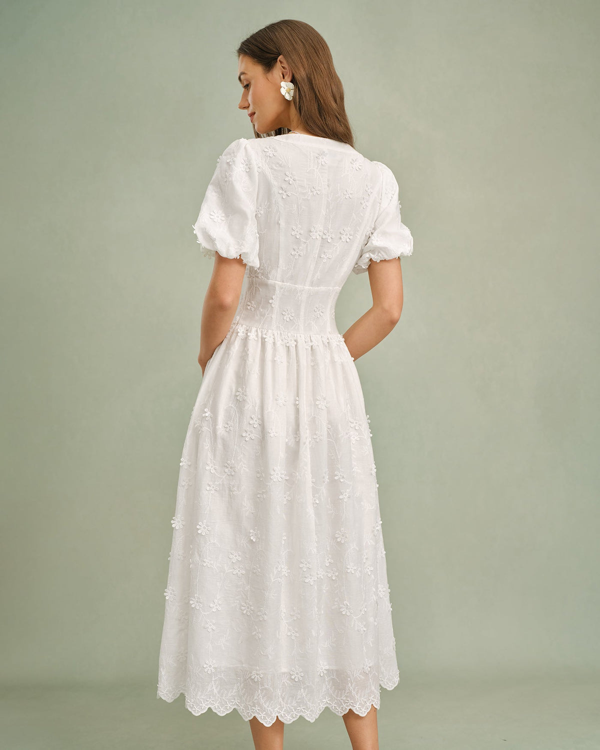 Anamartinezmadrid Blanca | Vestido Midi de Algodón Blanco Mujer Cuello Redondo Bordado – photo 6