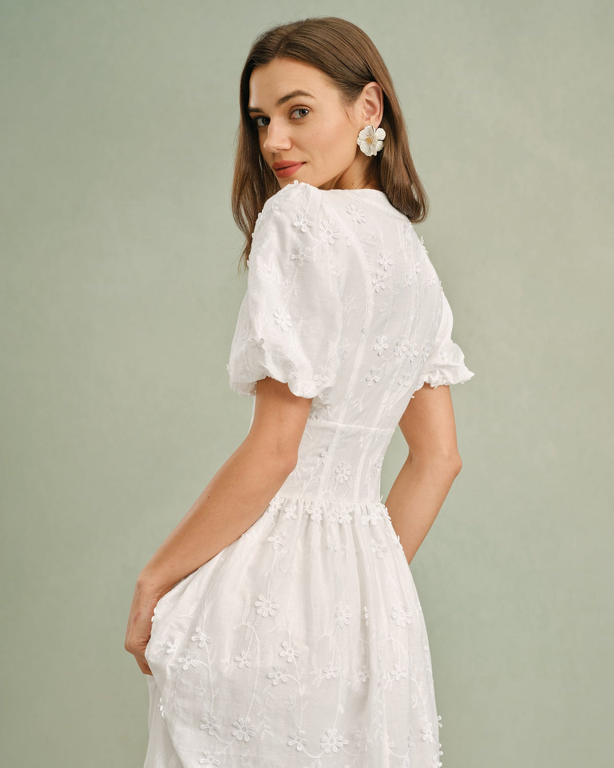 Anamartinezmadrid Blanca | Vestido Midi de Algodón Blanco Mujer Cuello Redondo Bordado – photo 3