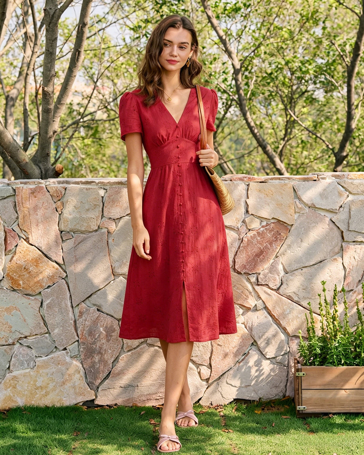 Anamartinezmadrid Irene | Vestido Midi de Algodón Rojo Mujer Escote V Bordado – photo 3