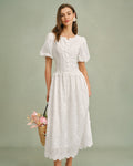 Anamartinezmadrid Blanca | Vestido Midi de Algodón Blanco Mujer Cuello Redondo Bordado – Blanco