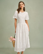 Anamartinezmadrid Blanca | Vestido Midi de Algodón Blanco Mujer Cuello Redondo Bordado – Blanco