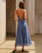 Paloma | Vestido Largo de Jacquard Floral Azul Escote Cuadrado Tirantes - Carmen Teruel