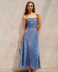 Paloma | Vestido Largo de Jacquard Floral Azul Escote Cuadrado Tirantes - Carmen Teruel