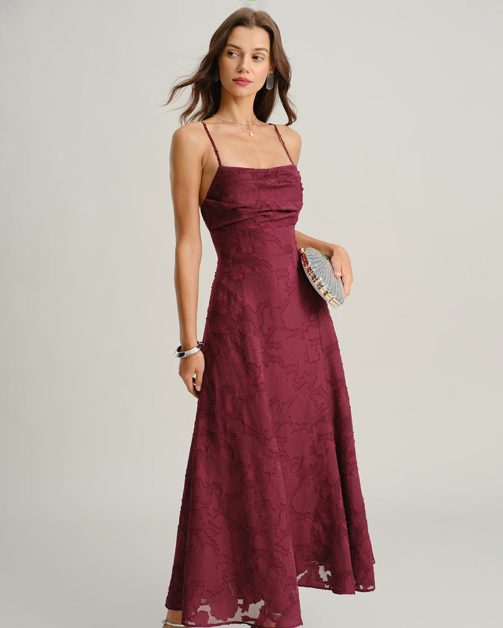 Anamartinezmadrid Aurora | Vestido Largo de Jacquard Burdeos Mujer Escote Cuadrado Espalda Cruzada – photo 3