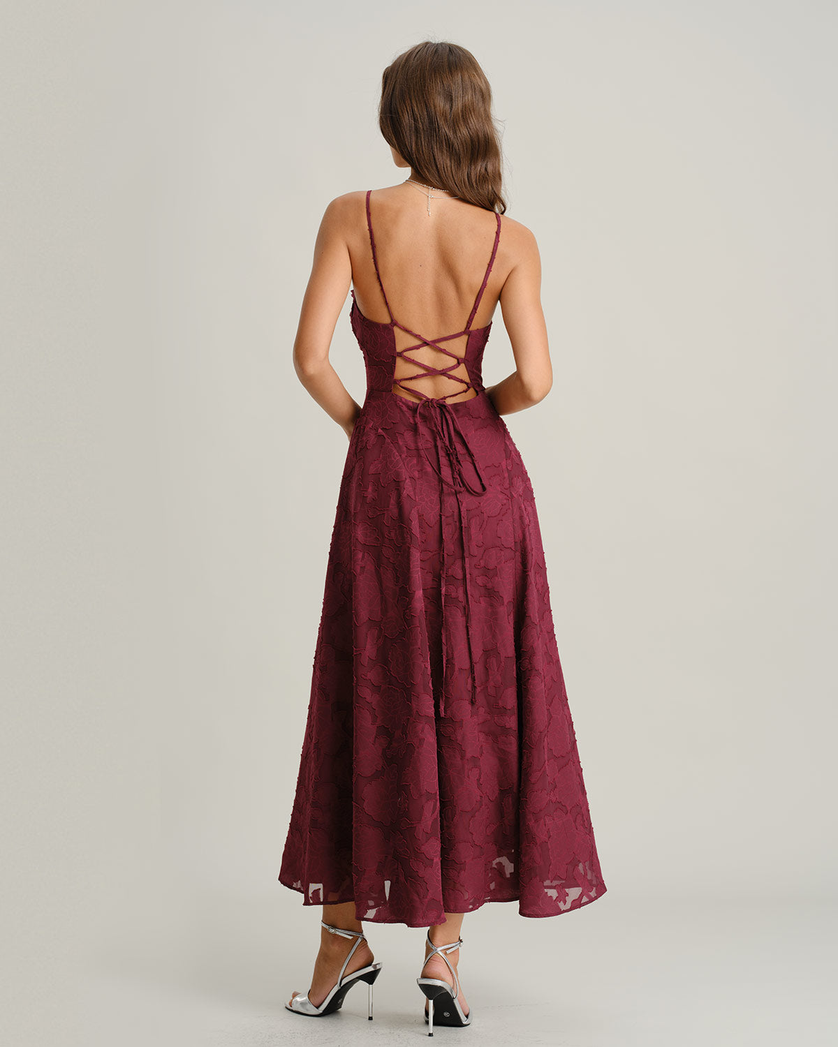 Anamartinezmadrid Aurora | Vestido Largo de Jacquard Burdeos Mujer Escote Cuadrado Espalda Cruzada – photo 5