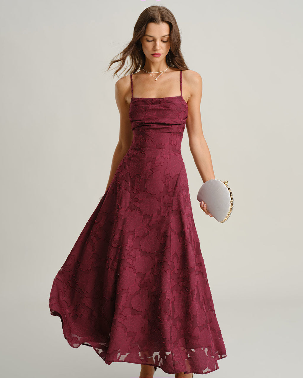 Anamartinezmadrid Aurora | Vestido Largo de Jacquard Burdeos Mujer Escote Cuadrado Espalda Cruzada – Burdeos