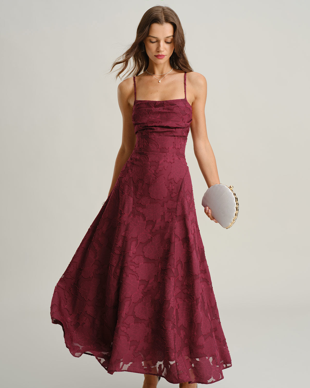Anamartinezmadrid Aurora | Vestido Largo de Jacquard Burdeos Mujer Escote Cuadrado Espalda Cruzada – Burdeos