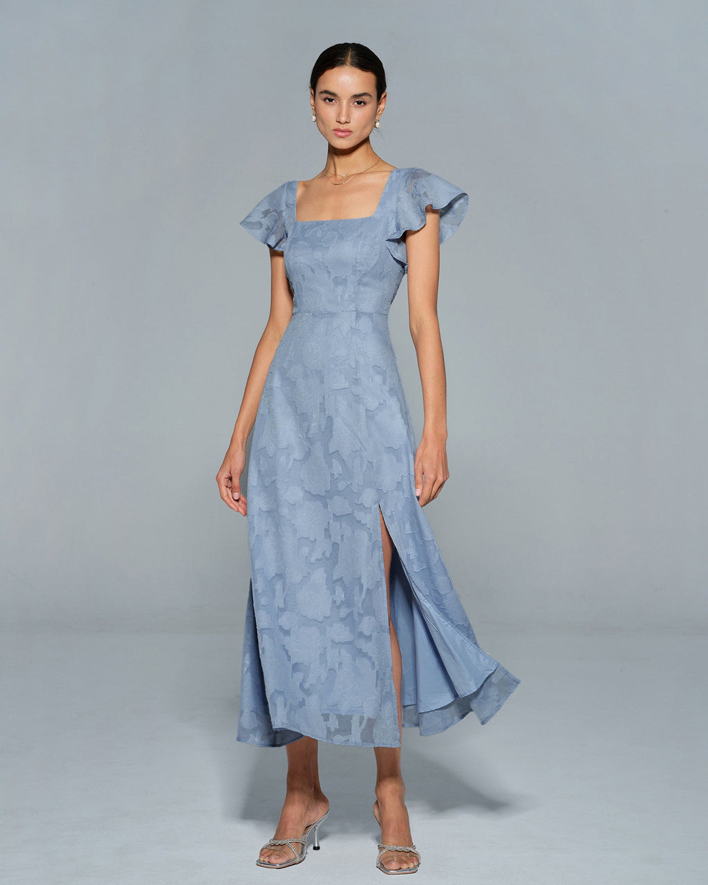 Anamartinezmadrid Teresa | Vestido Midi de Jacquard Floral Azul Mujer Escote Cuadrado – photo 5