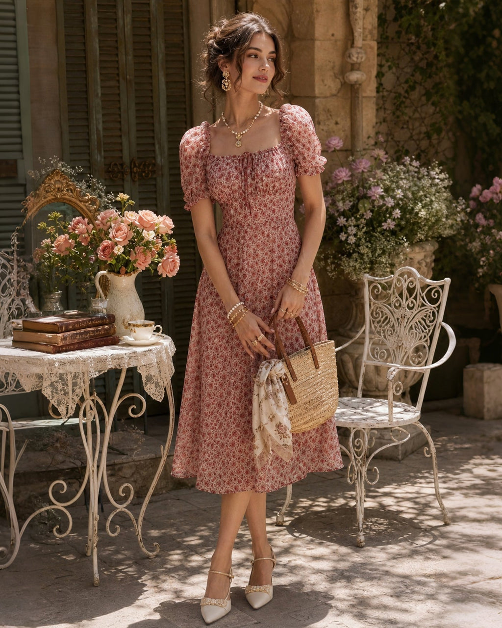 Anamartinezmadrid Nieves | Vestido Midi de Gasa Floral Rosa Mujer Escote Cuadrado – photo 2