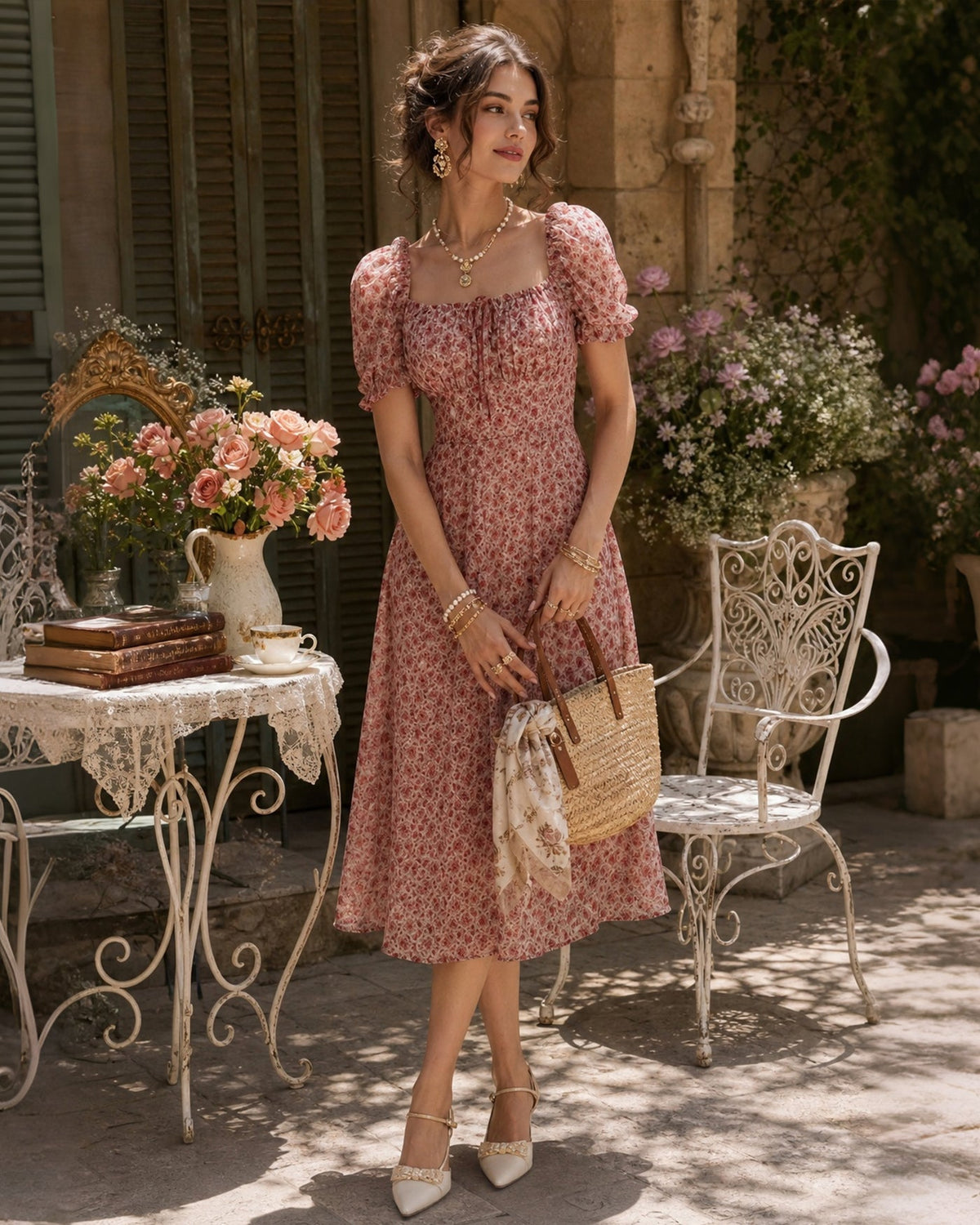 Anamartinezmadrid Nieves | Vestido Midi de Gasa Floral Rosa Mujer Escote Cuadrado – photo 2