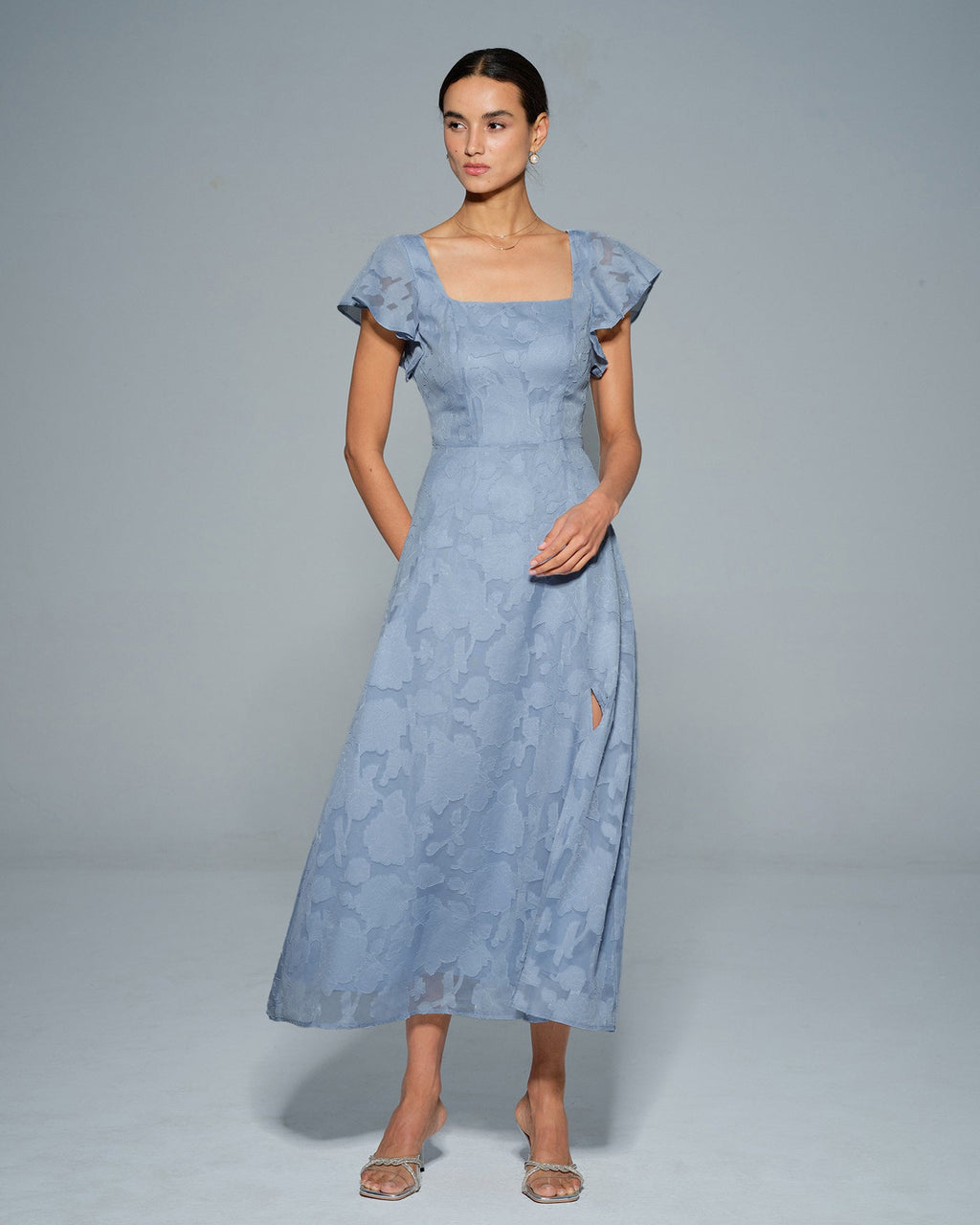 Anamartinezmadrid Teresa | Vestido Midi de Jacquard Floral Azul Mujer Escote Cuadrado – photo 8