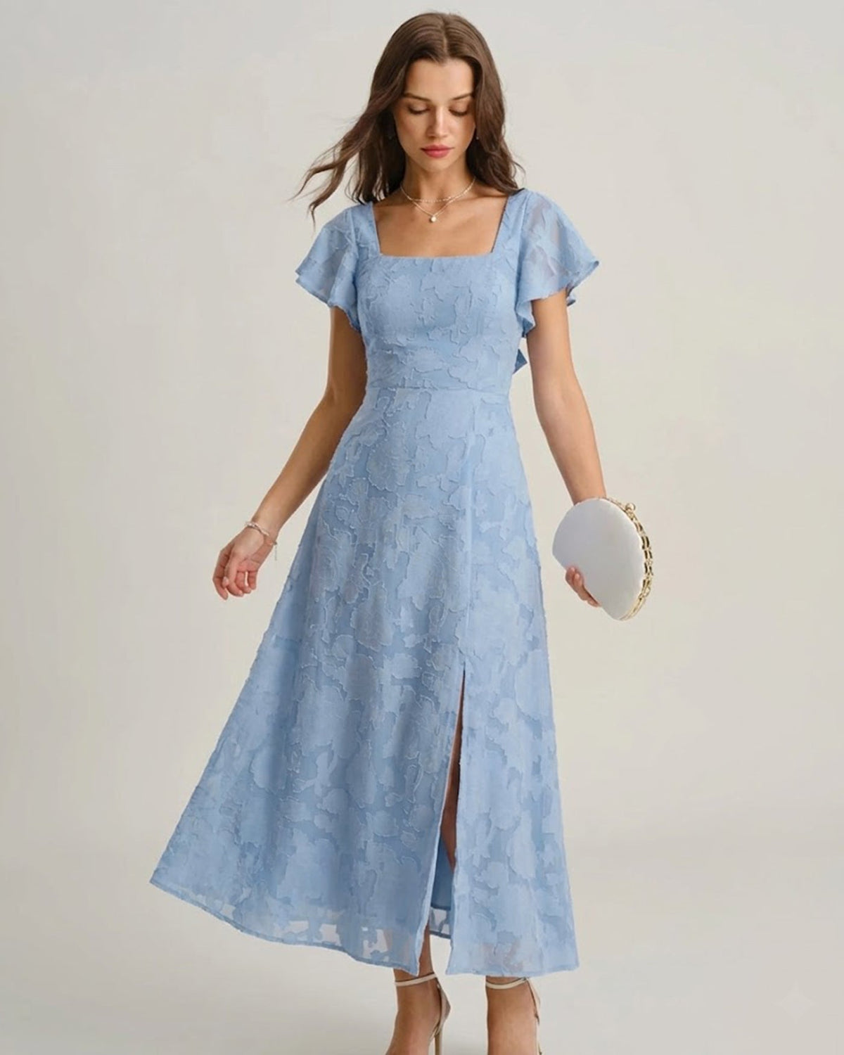 Anamartinezmadrid Teresa | Vestido Midi de Jacquard Floral Azul Mujer Escote Cuadrado