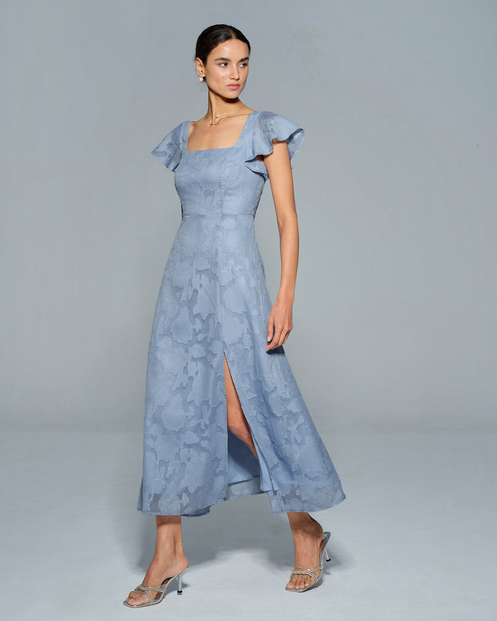 Anamartinezmadrid Teresa | Vestido Midi de Jacquard Floral Azul Mujer Escote Cuadrado – photo 9