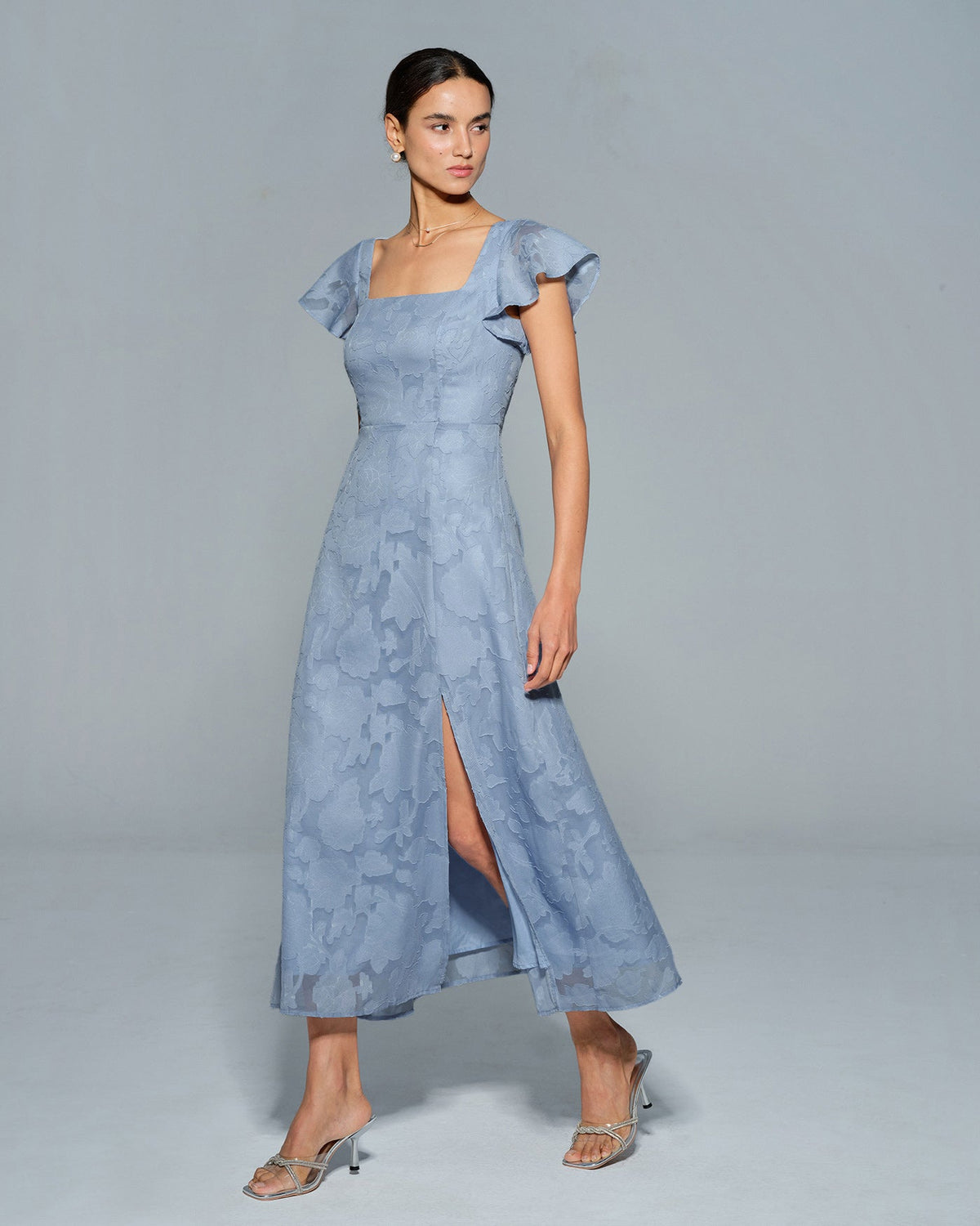 Anamartinezmadrid Teresa | Vestido Midi de Jacquard Floral Azul Mujer Escote Cuadrado – photo 9