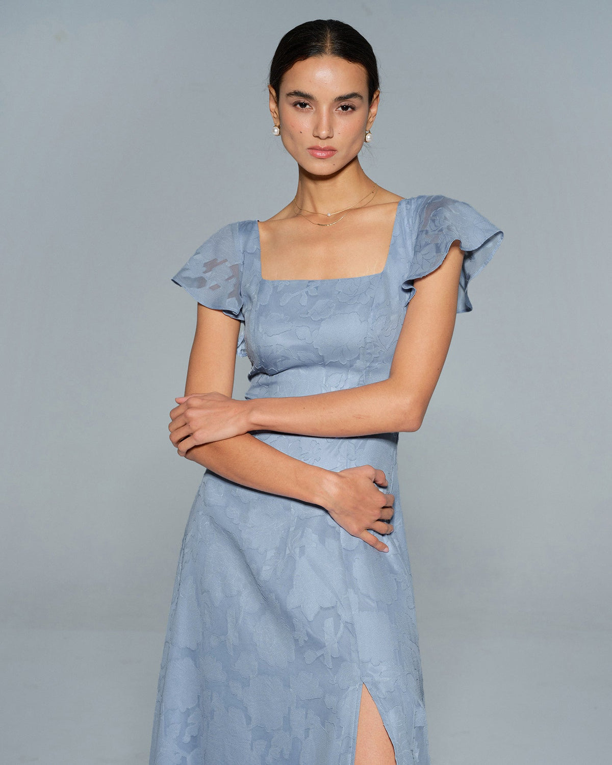 Anamartinezmadrid Teresa | Vestido Midi de Jacquard Floral Azul Mujer Escote Cuadrado – photo 6