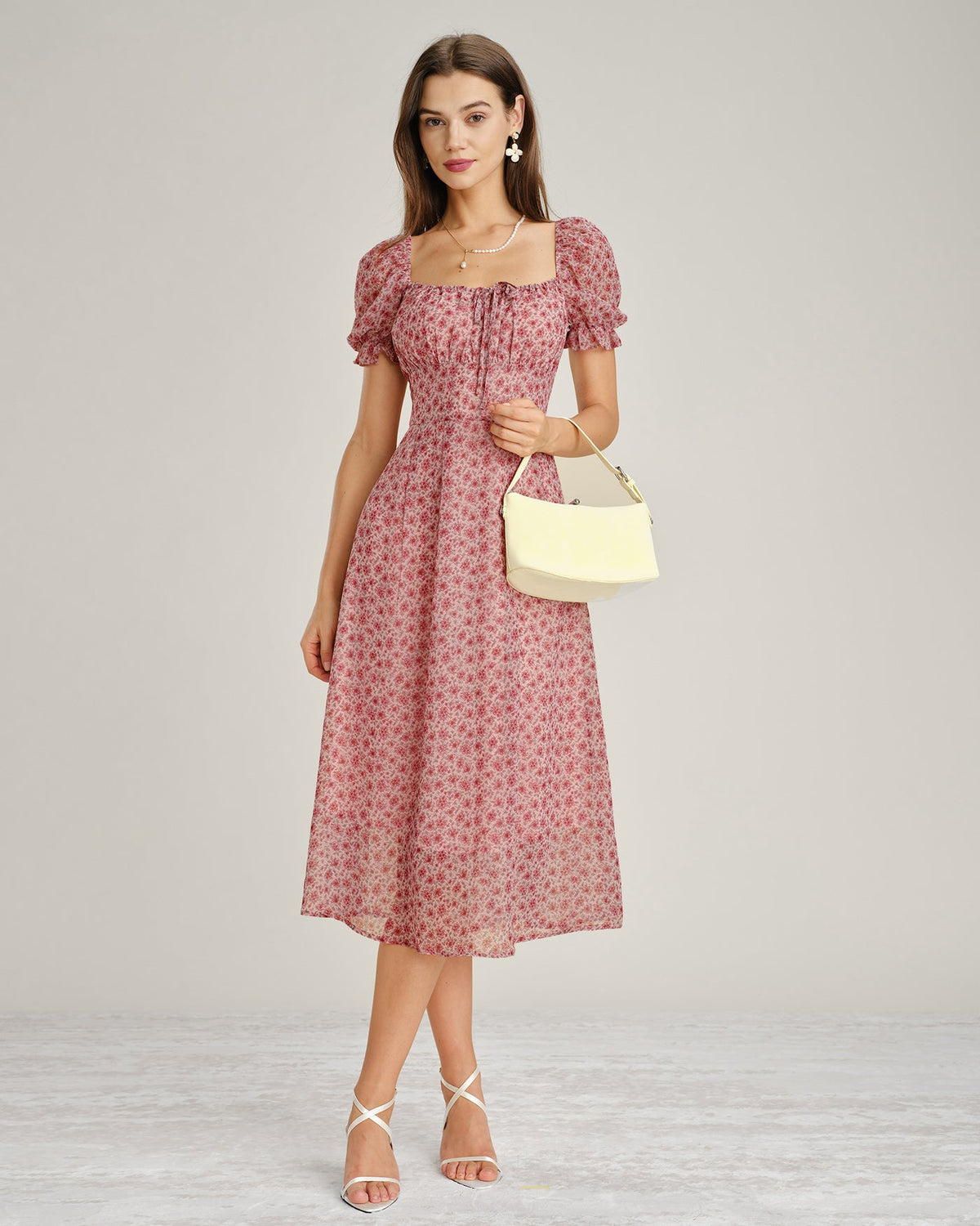 Anamartinezmadrid Nieves | Vestido Midi de Gasa Floral Rosa Mujer Escote Cuadrado – photo 6