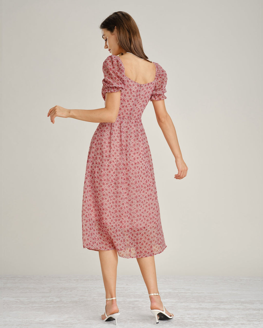 Anamartinezmadrid Nieves | Vestido Midi de Gasa Floral Rosa Mujer Escote Cuadrado – photo 7