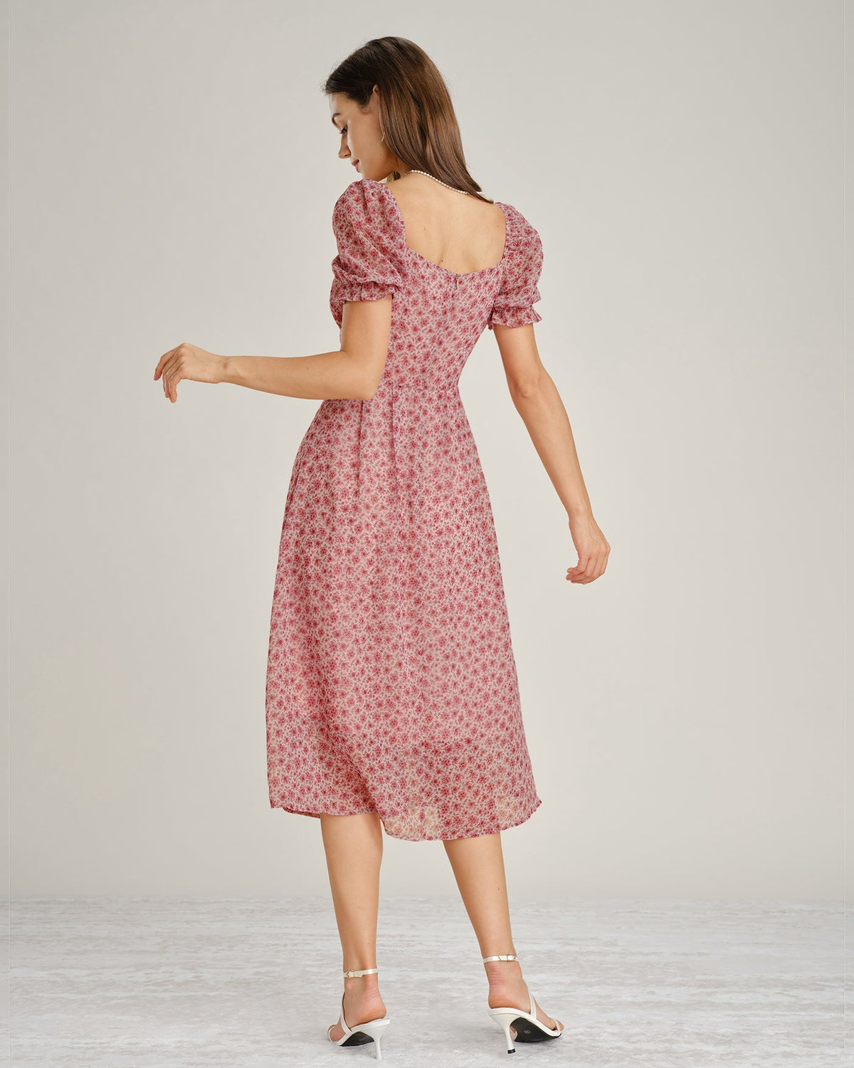 Anamartinezmadrid Nieves | Vestido Midi de Gasa Floral Rosa Mujer Escote Cuadrado – photo 7