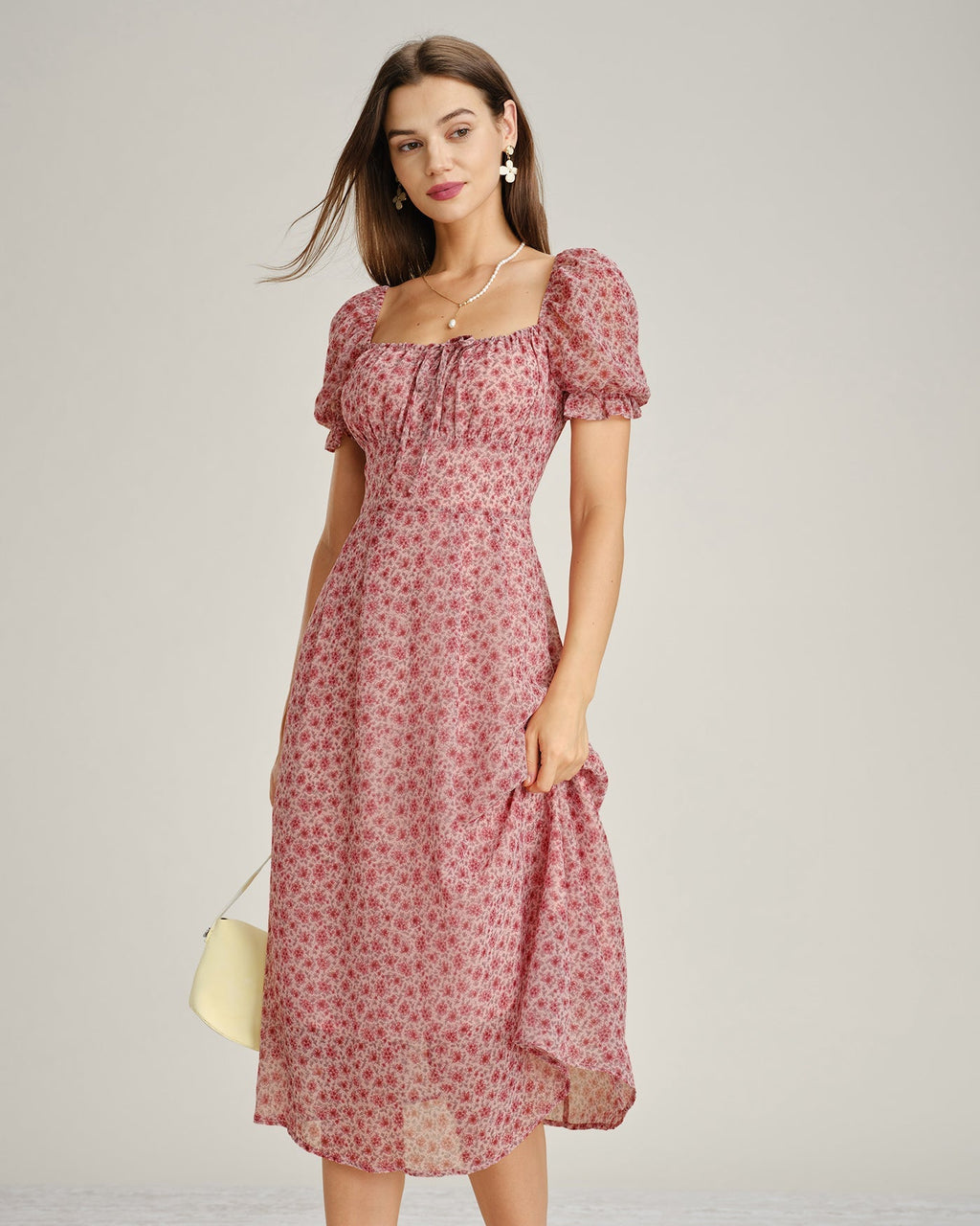Anamartinezmadrid Nieves | Vestido Midi de Gasa Floral Rosa Mujer Escote Cuadrado – photo 5