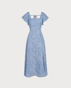Anamartinezmadrid Teresa | Vestido Midi de Jacquard Floral Azul Mujer Escote Cuadrado – photo 3