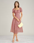 Anamartinezmadrid Nieves | Vestido Midi de Gasa Floral Rosa Mujer Escote Cuadrado – Rosa