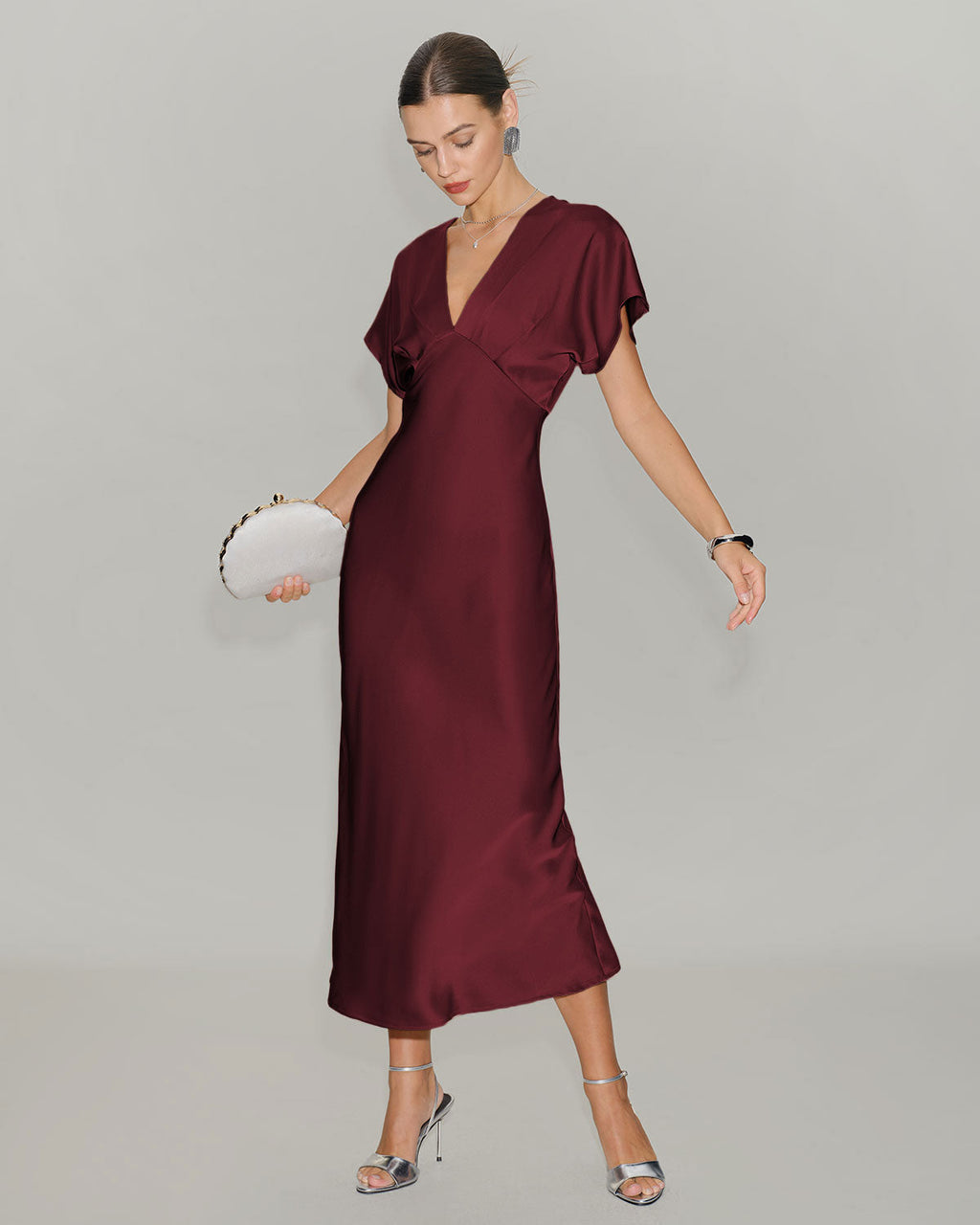 Anamartinezmadrid Elvira | Vestido Midi de Satén Burdeos Mujer Escote V Manga Drapeada – photo 3
