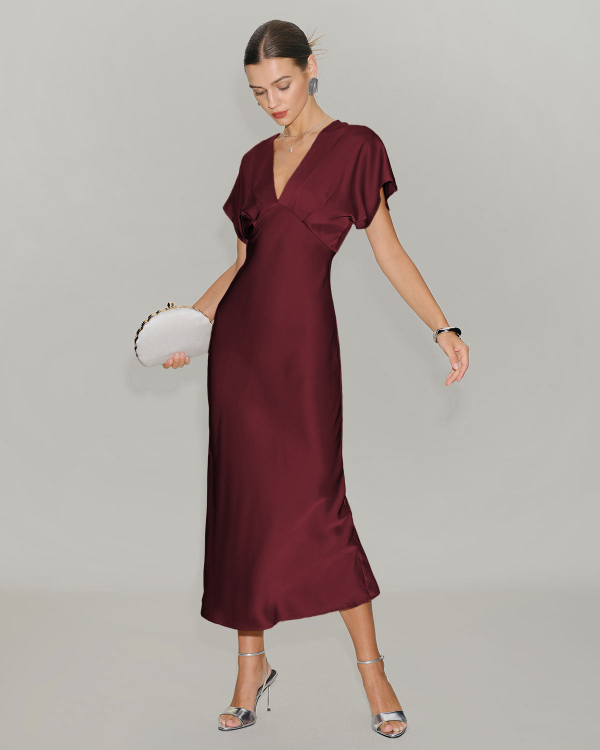 Anamartinezmadrid Elvira | Vestido Midi de Satén Burdeos Mujer Escote V Manga Drapeada – photo 3