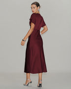 Anamartinezmadrid Elvira | Vestido Midi de Satén Burdeos Mujer Escote V Manga Drapeada – photo 5