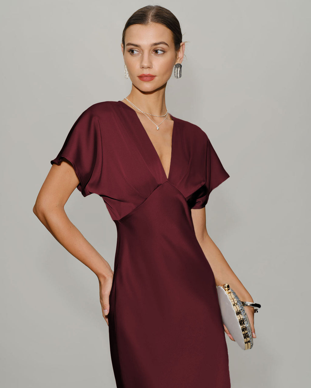 Anamartinezmadrid Elvira | Vestido Midi de Satén Burdeos Mujer Escote V Manga Drapeada – photo 2