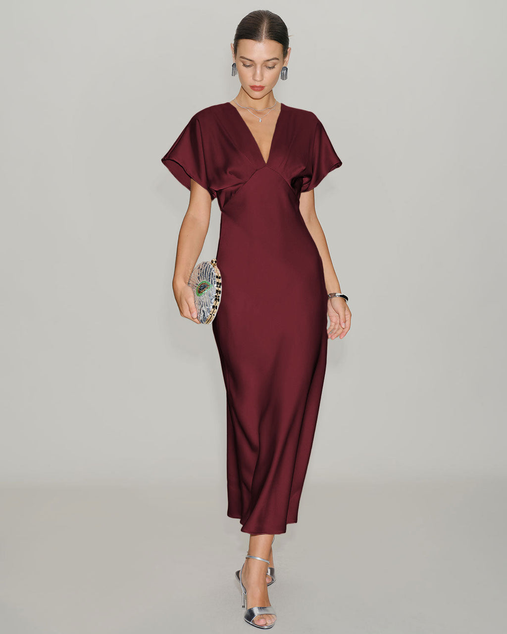Anamartinezmadrid Elvira | Vestido Midi de Satén Burdeos Mujer Escote V Manga Drapeada – photo 4